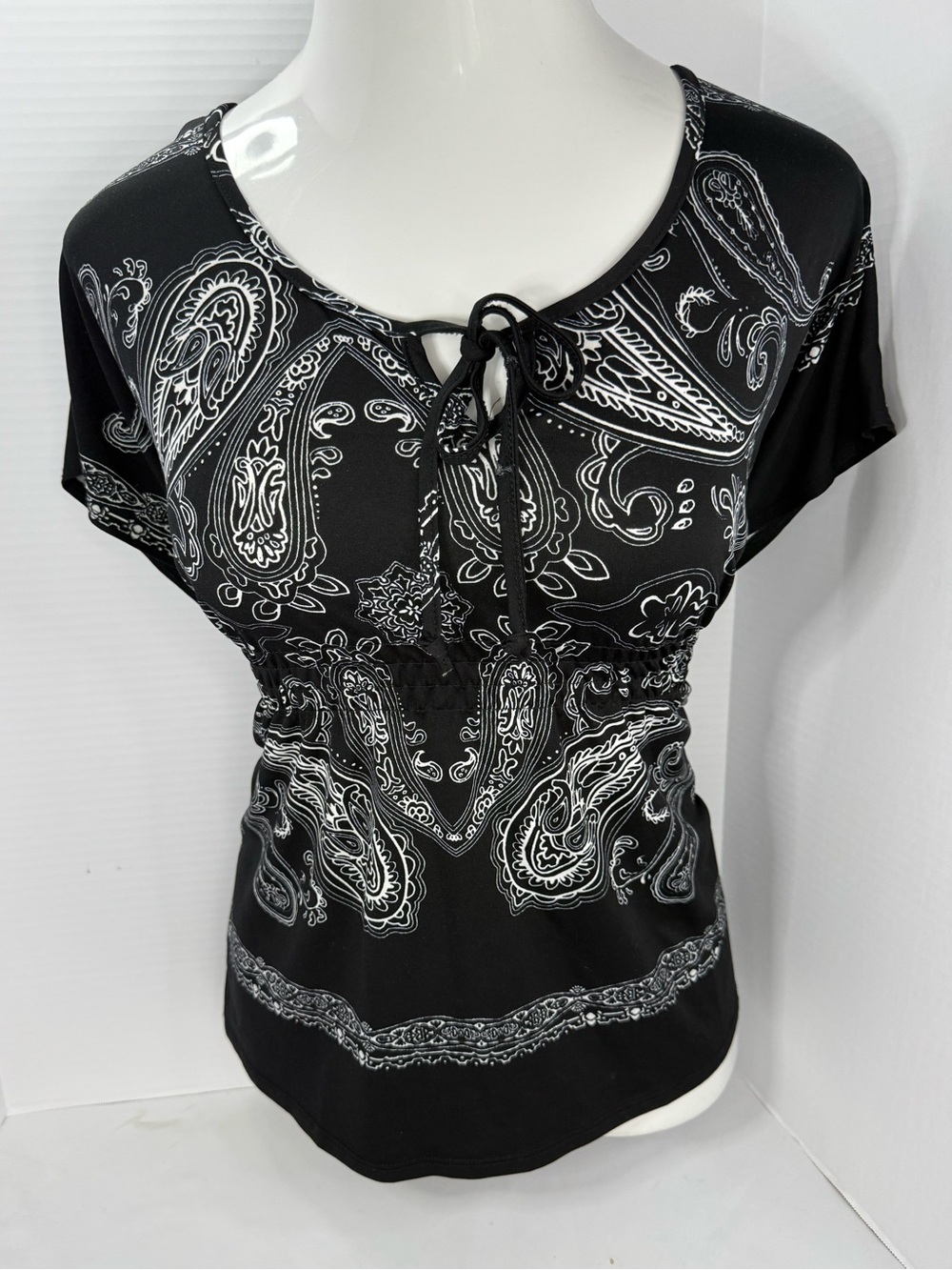 Claudia Richard Black Paisley Tie-Neck Blouse